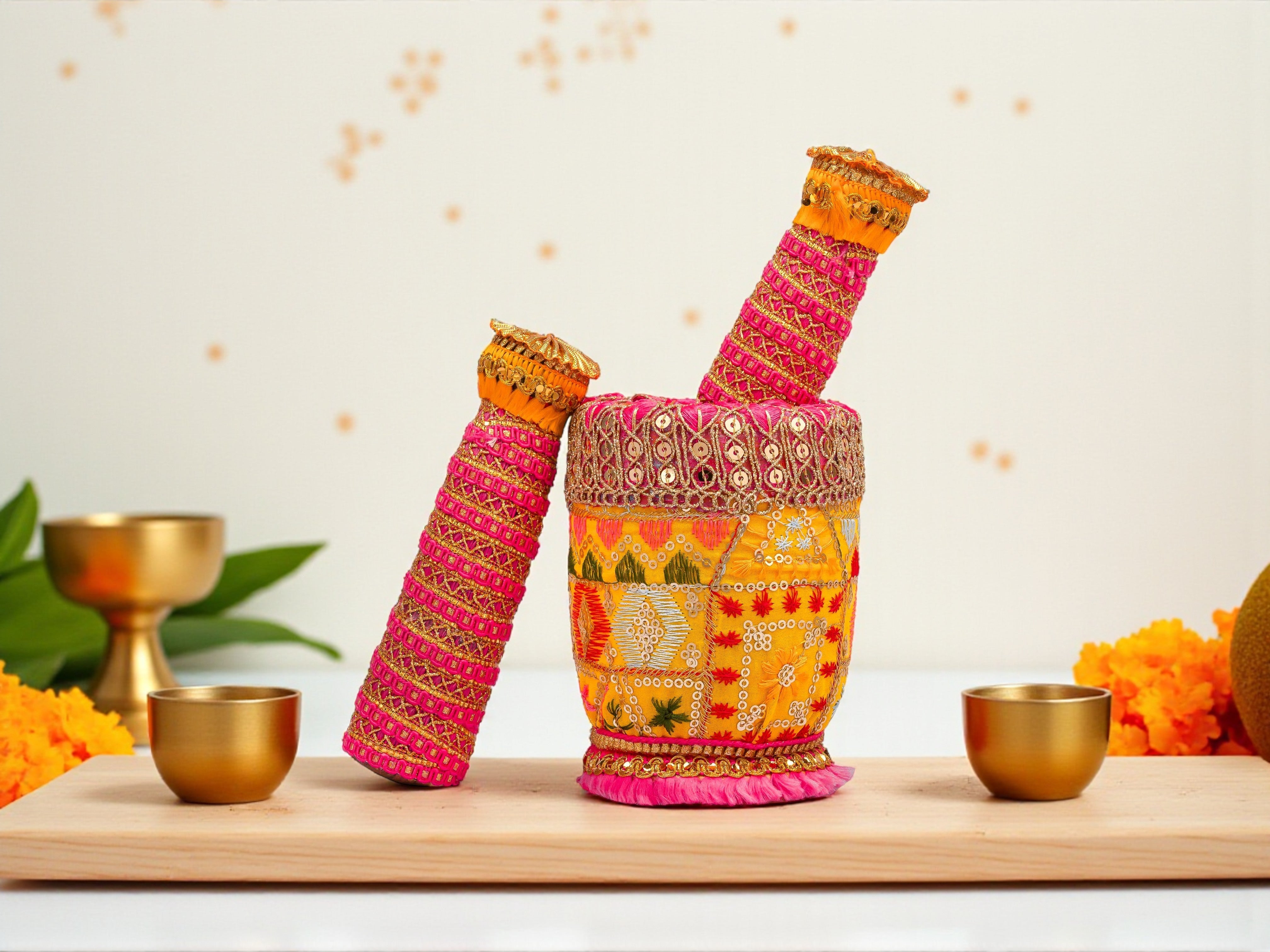 Phulkari Handcrafted Okhal Musal - Yellow