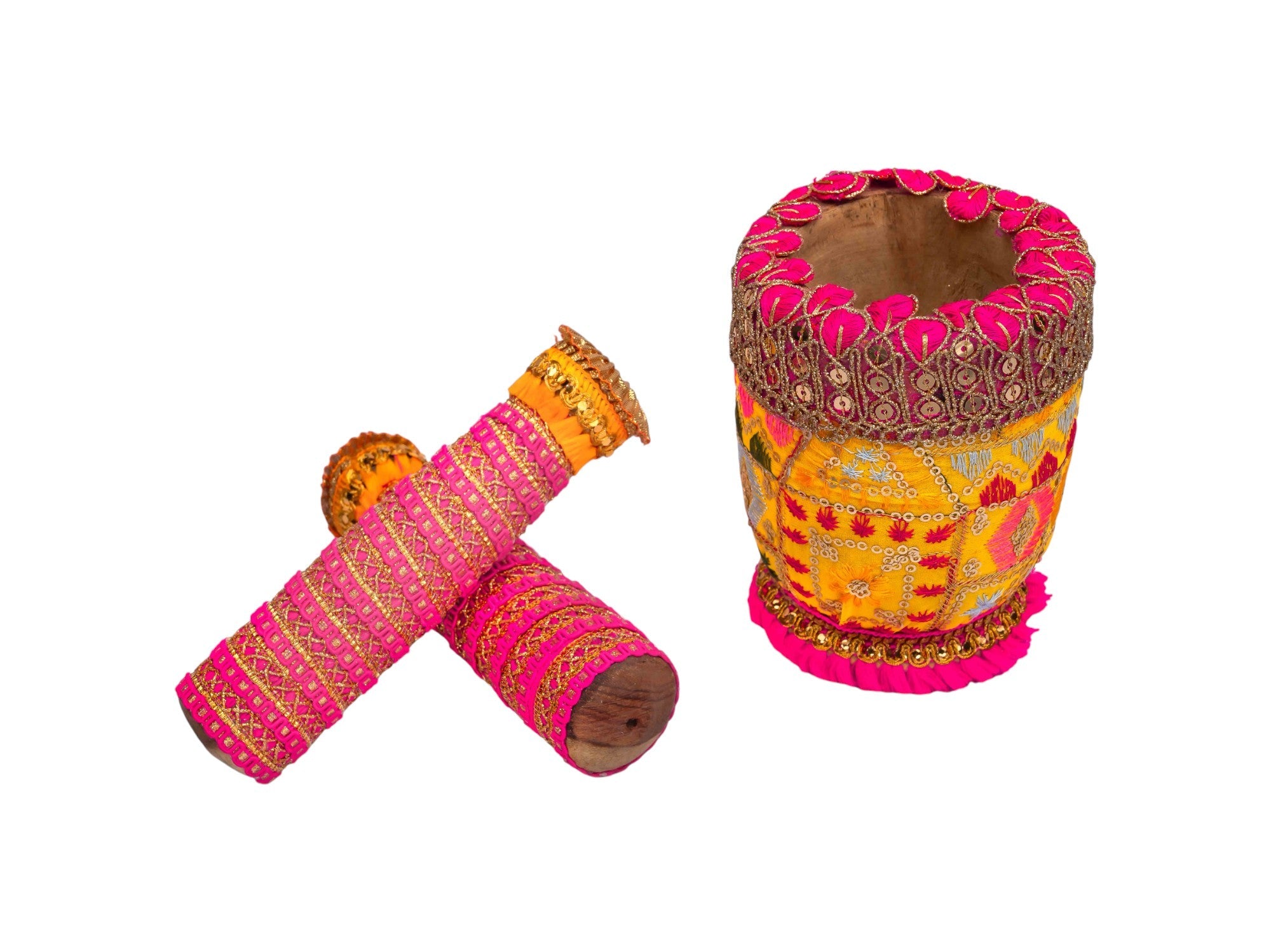 Phulkari Handcrafted Okhal Musal - Yellow