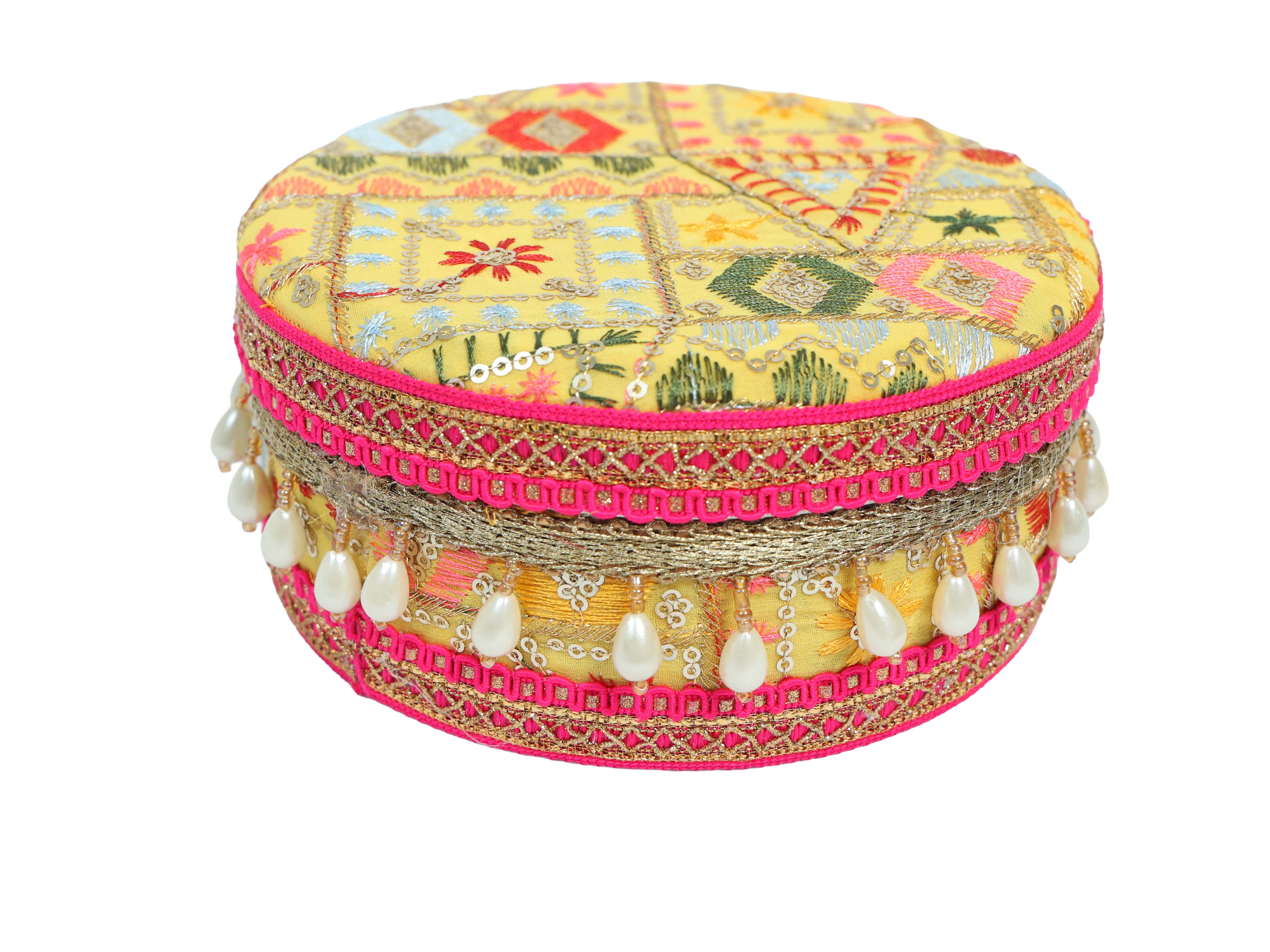 Phulkari Handcrafted Laddoo Box - Yellow