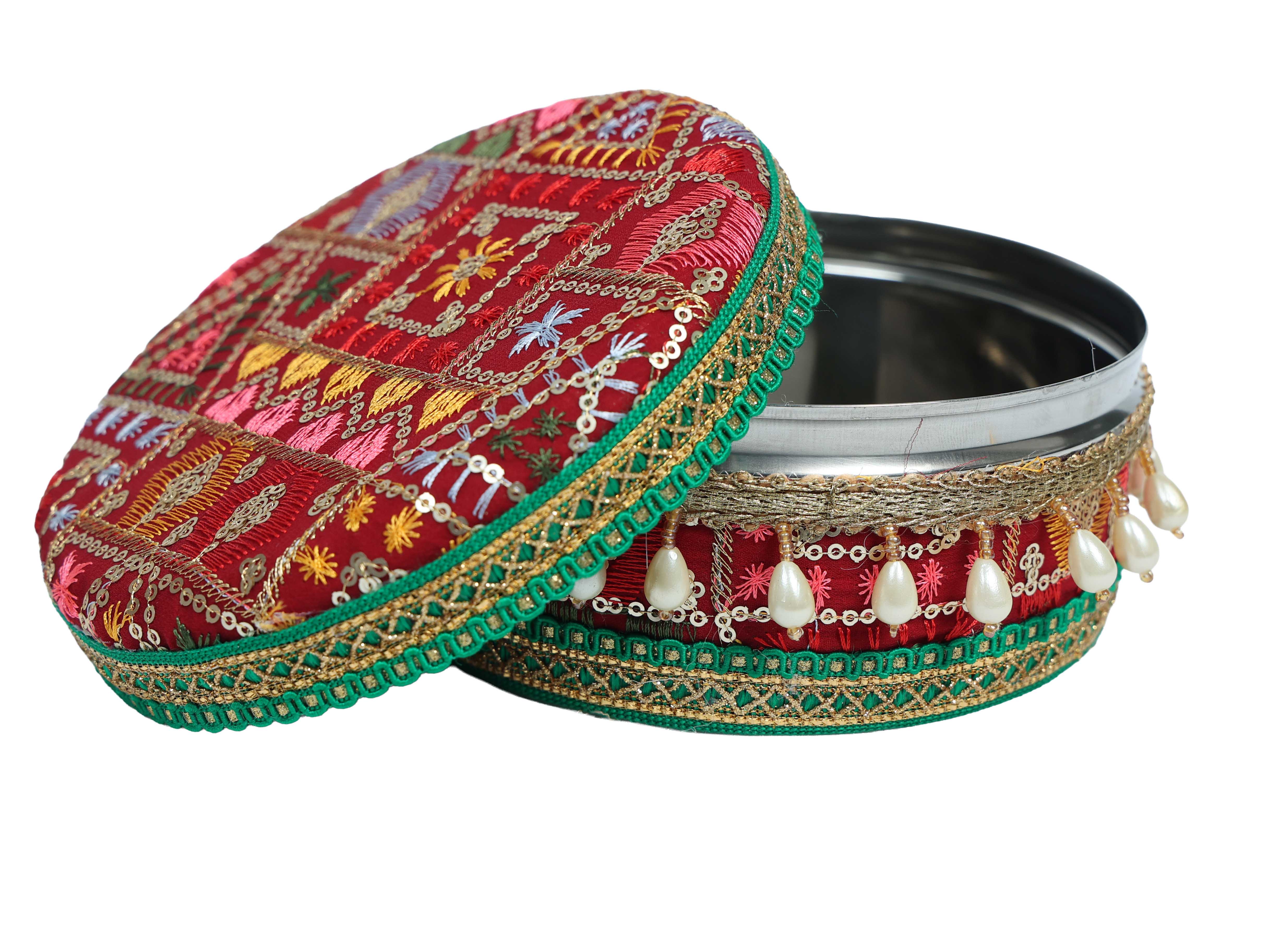 Phulkari Handcrafted Laddoo Box - Maroon