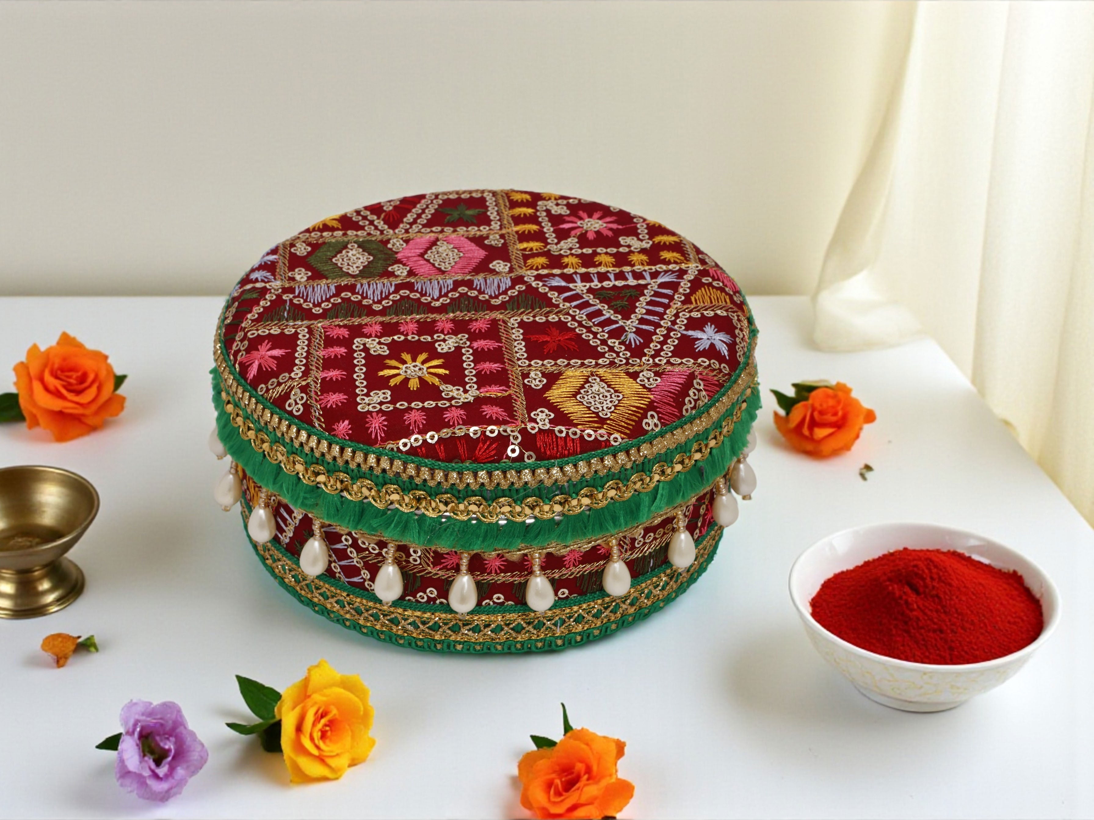 Phulkari Handcrafted Laddoo Box - Maroon
