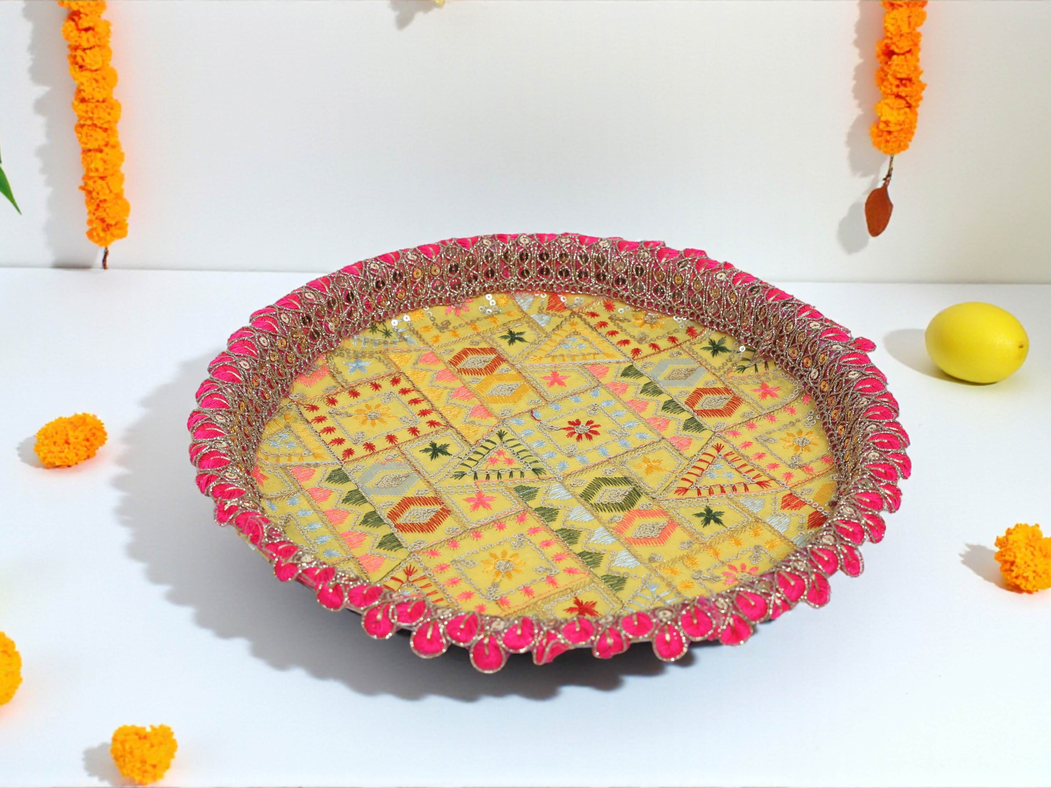Phulkari Handcrafted Thaal - Yellow