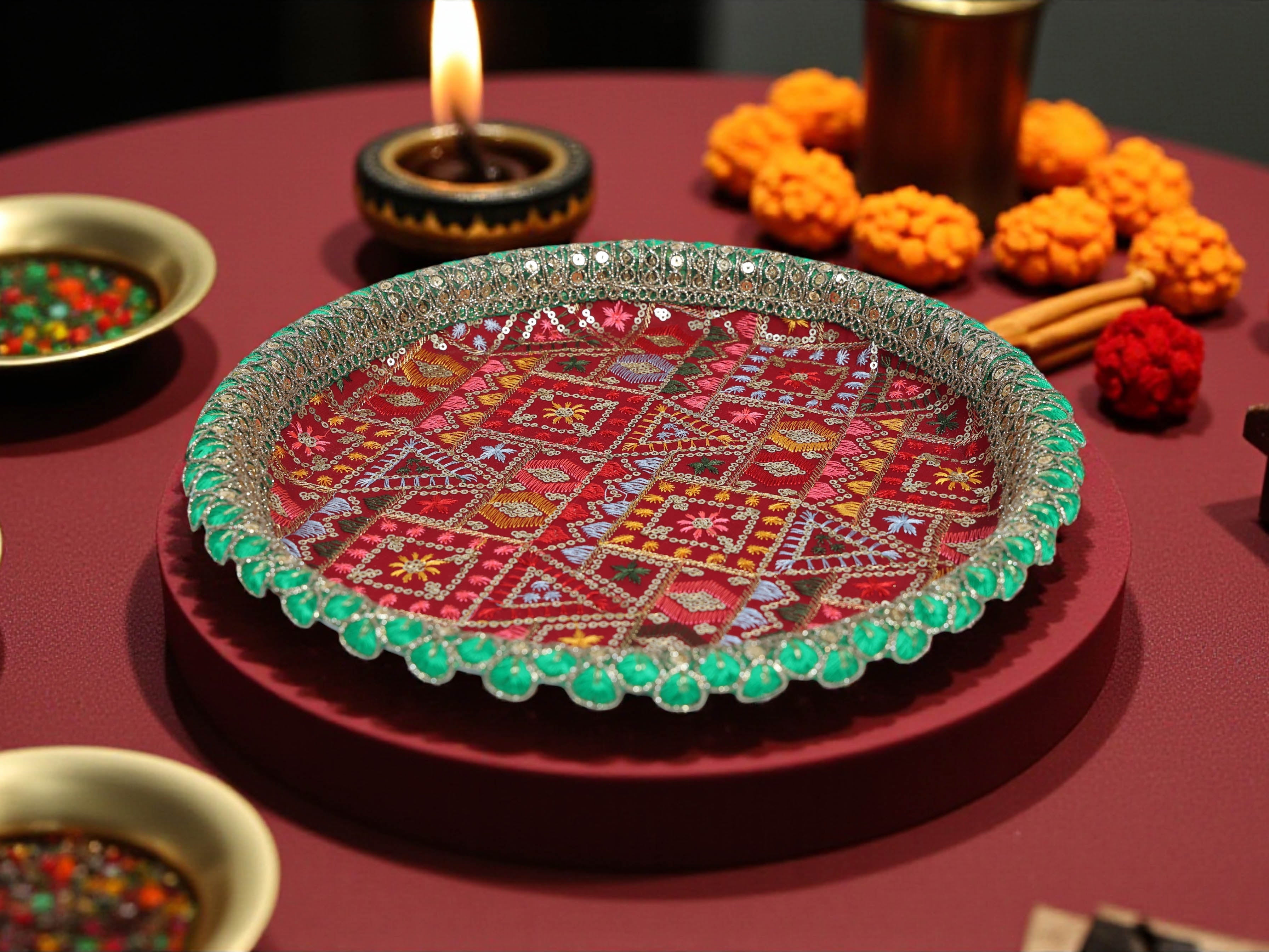 Phulkari Handcrafted Thaal - Maroon
