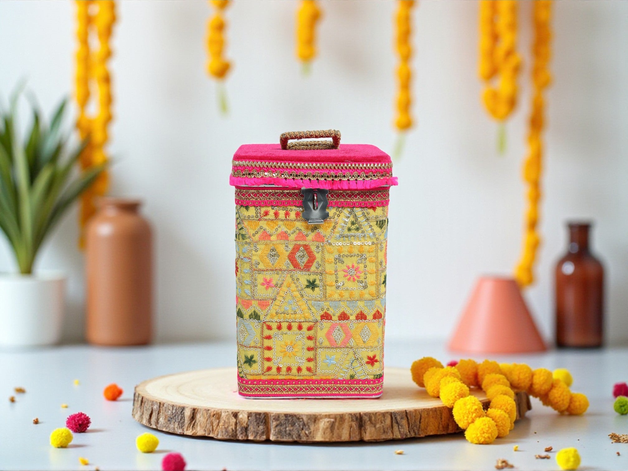 Phulkari Steel Square container - Yellow