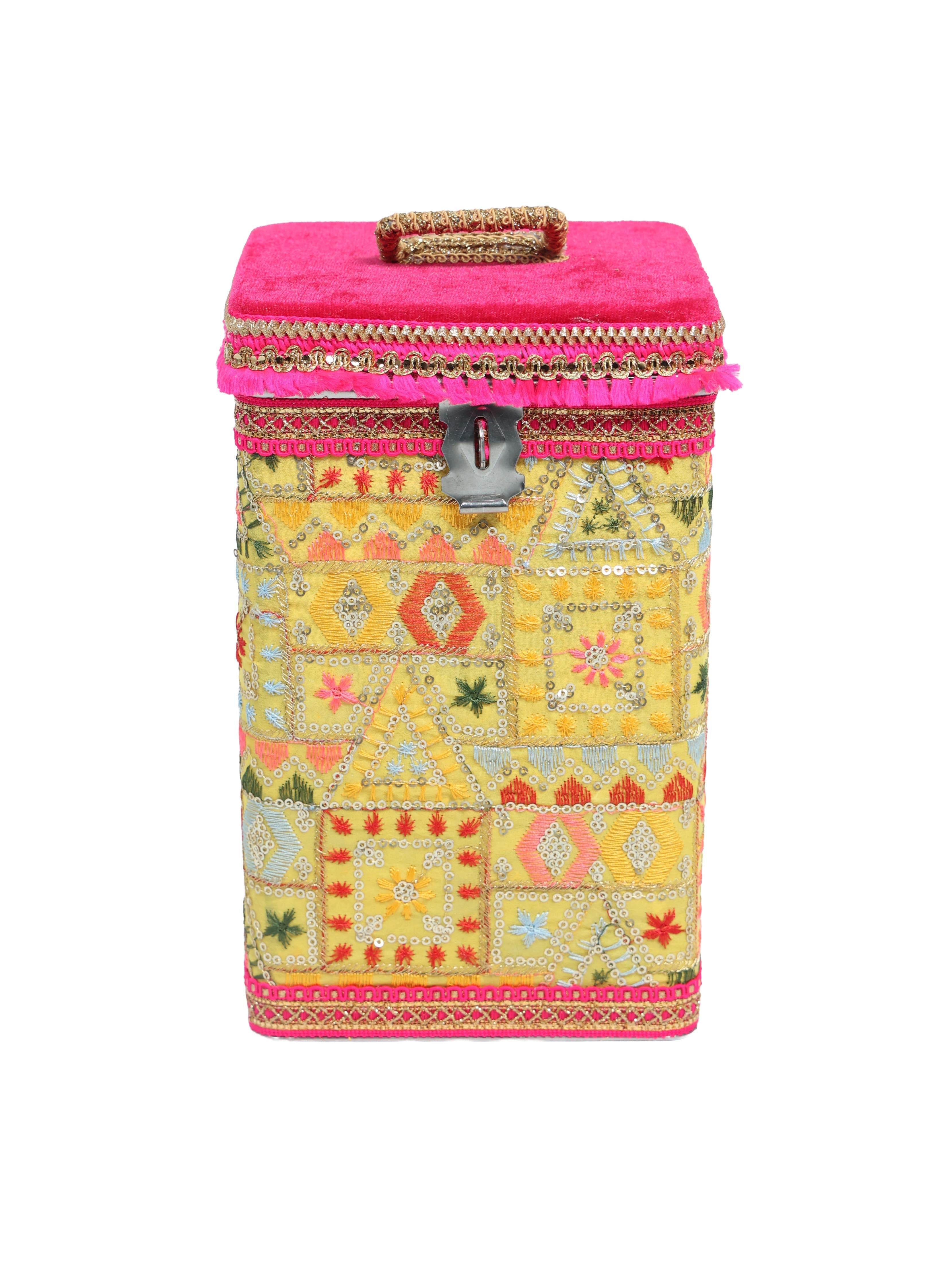 Phulkari Steel Square container - Yellow