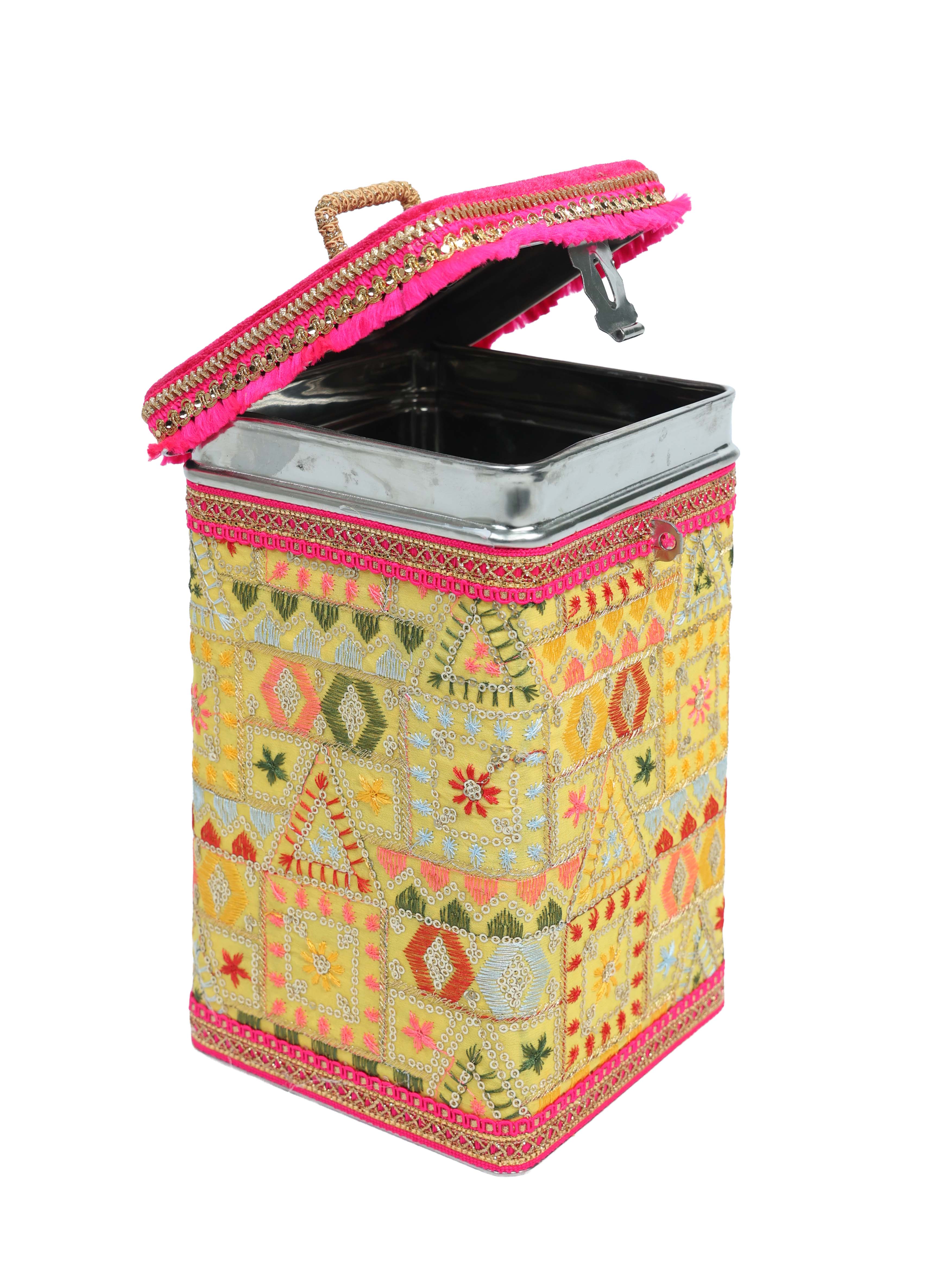 Phulkari Steel Square container - Yellow
