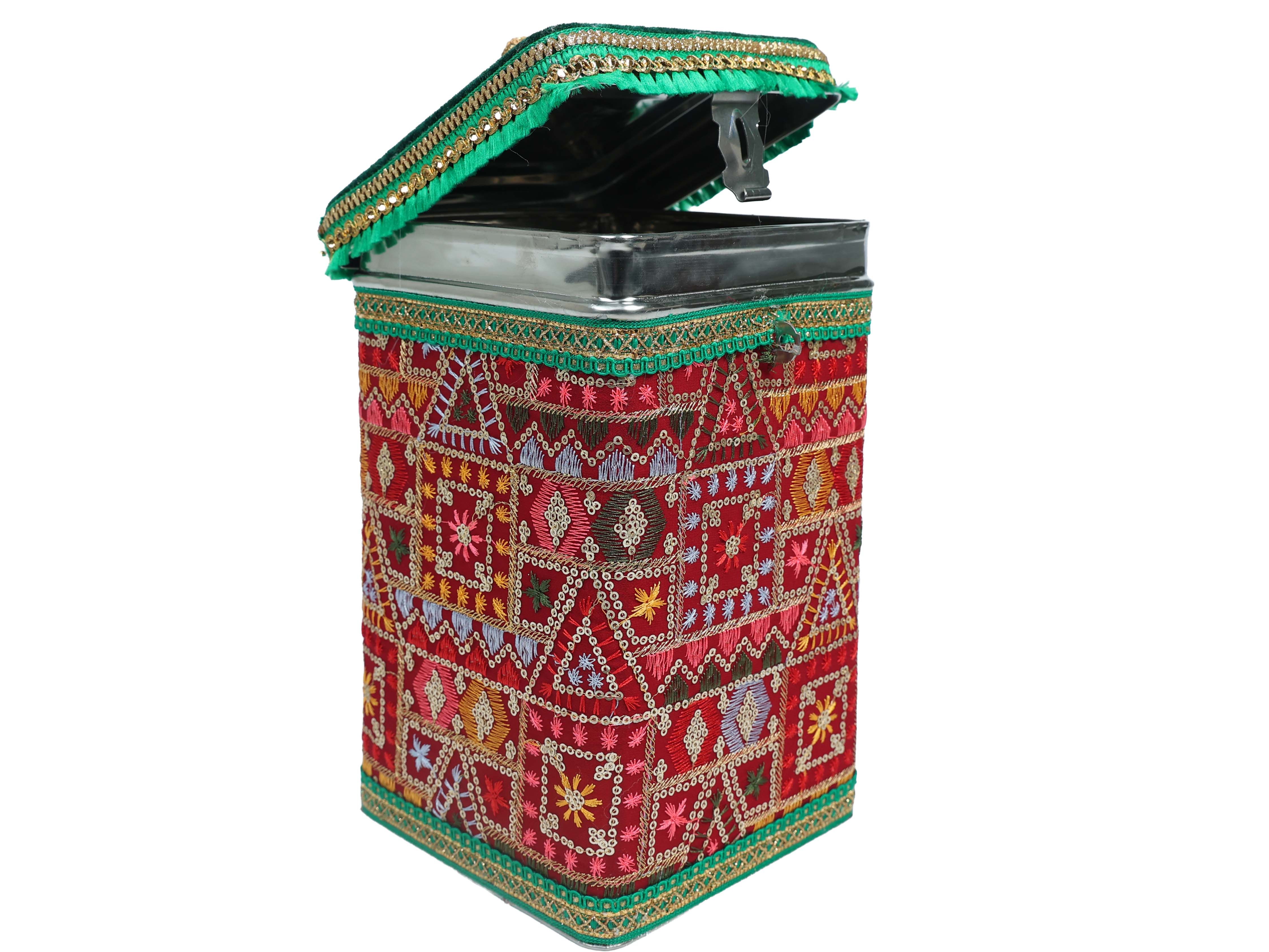 Phulkari Steel Square container - Maroon