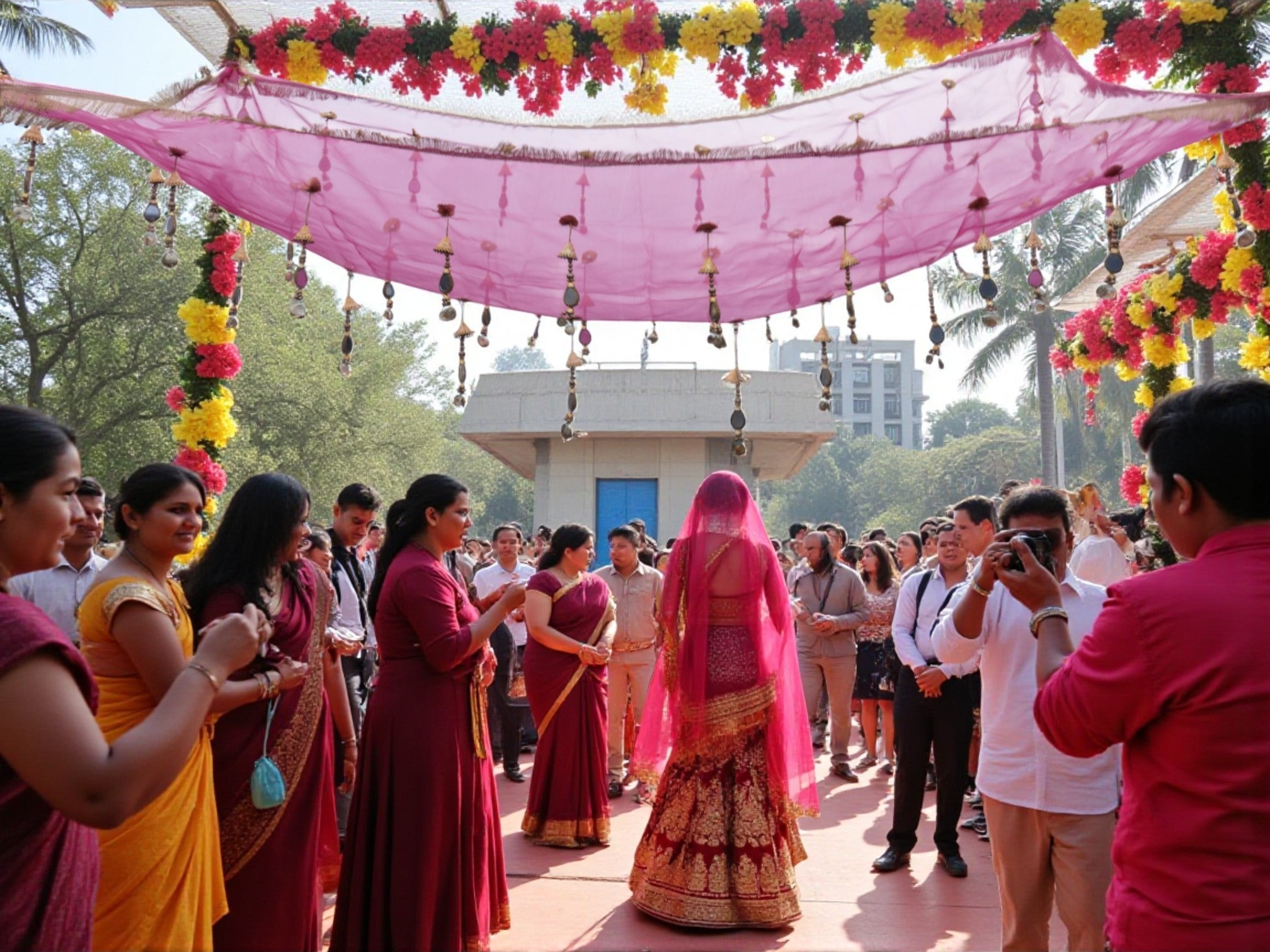 Pink Net & Hanging Beaded Tassels Bridal Entry Chadar