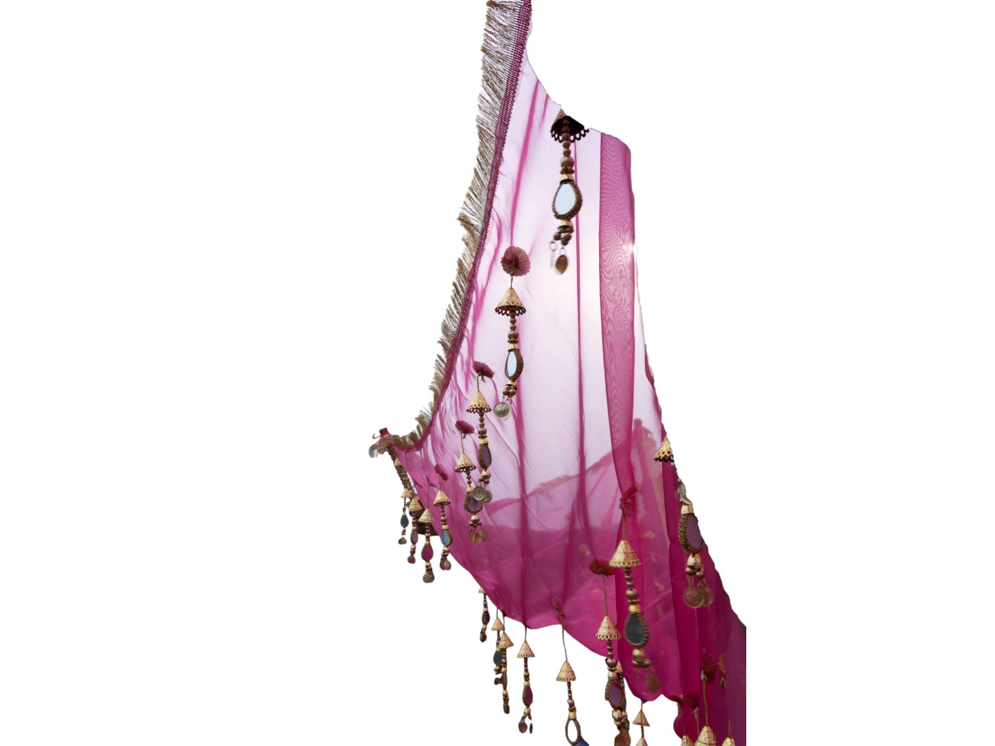 Pink Net & Hanging Beaded Tassels Bridal Entry Chadar
