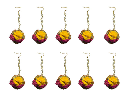 Pink-Yellow Floral Maangtika with Pearls