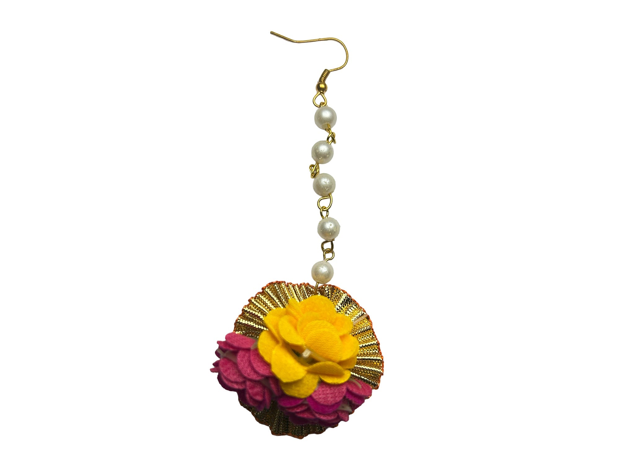 Pink-Yellow Floral Maangtika with Pearls