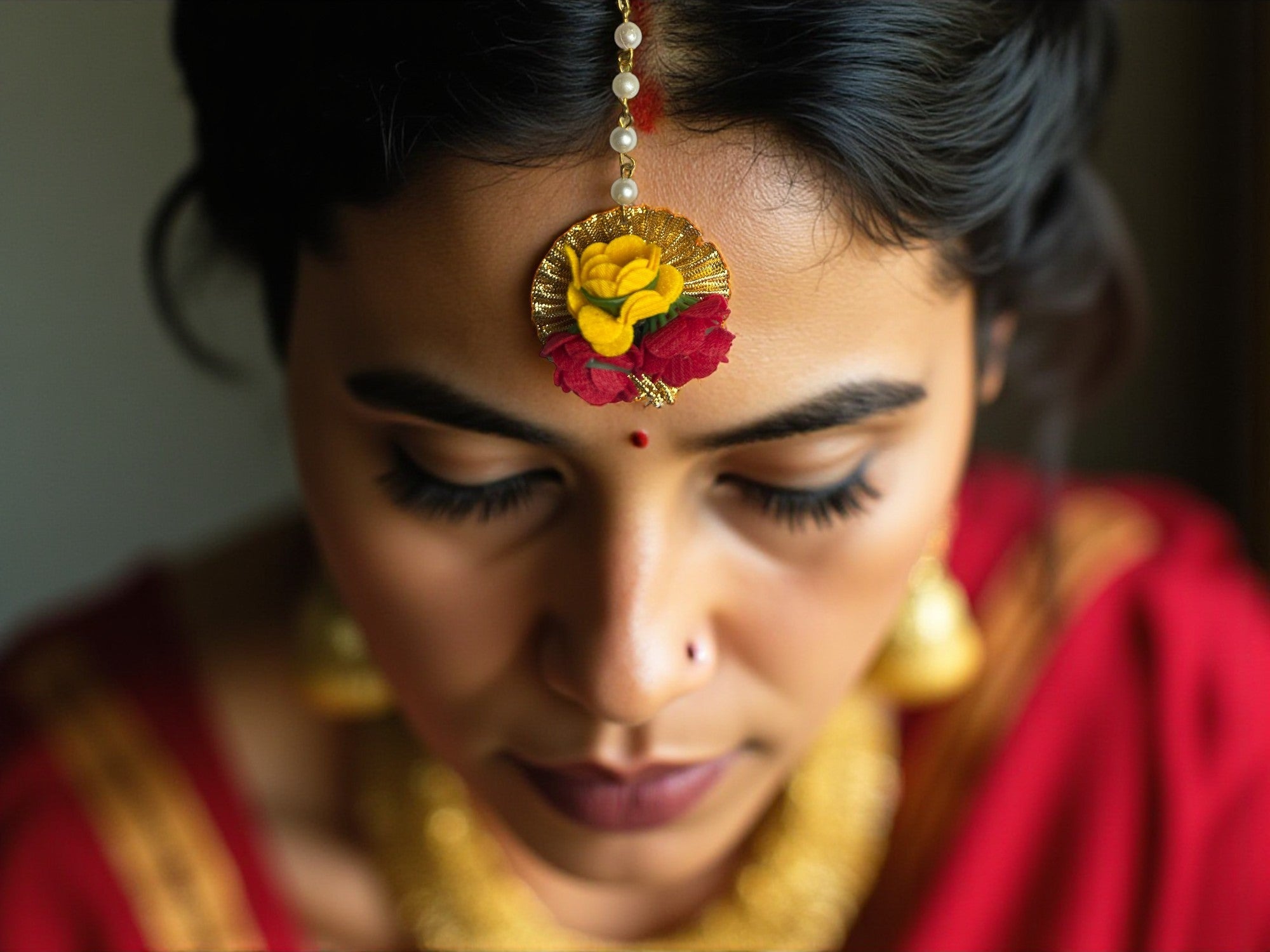 Red-Yellow Floral Maangtika with Pearls