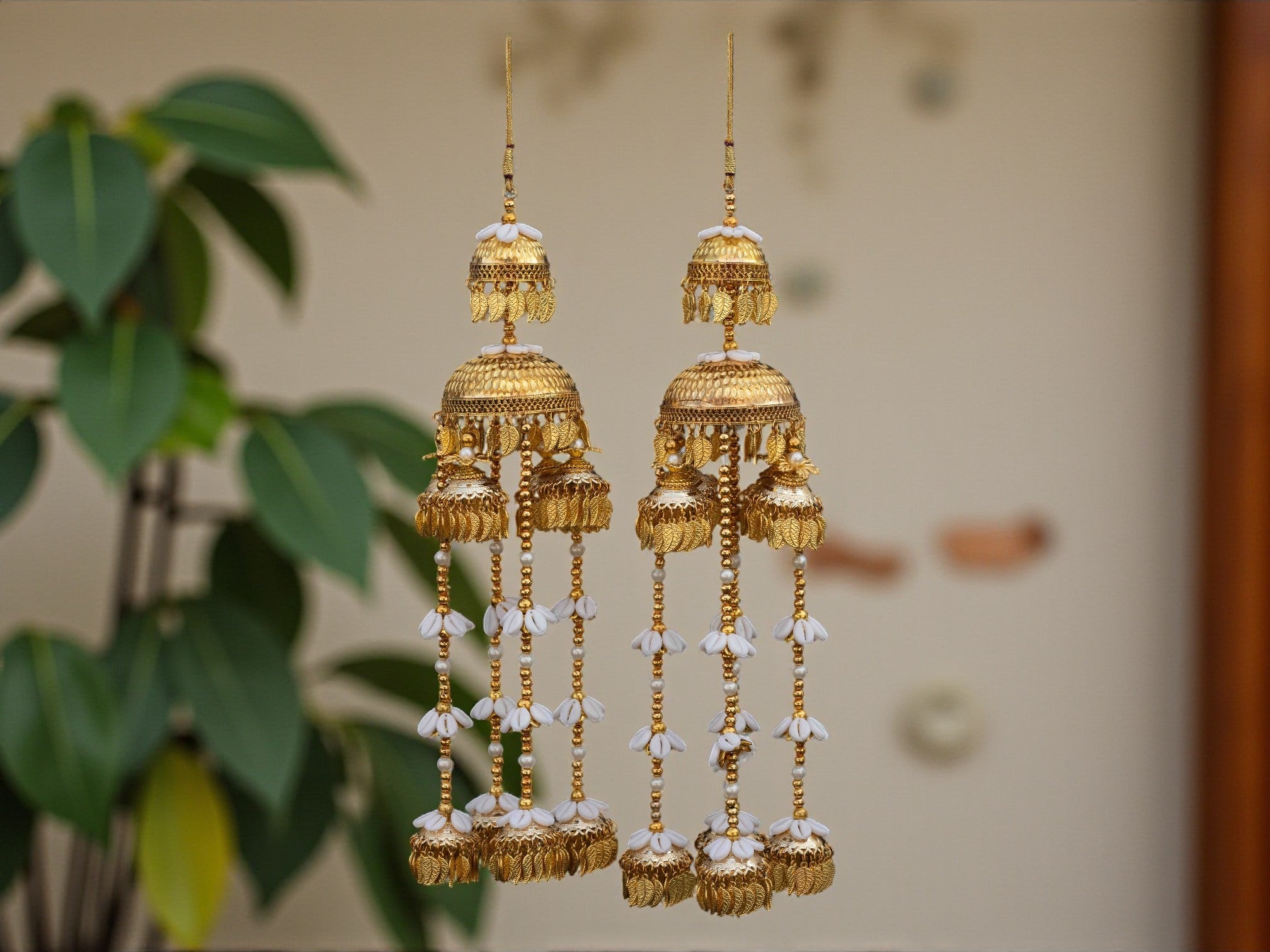 Regal Golden Bridal Kaleera with Pearl & Leaf Tassels