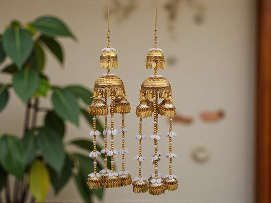 Regal Golden Bridal Kaleera with Pearl & Leaf Tassels