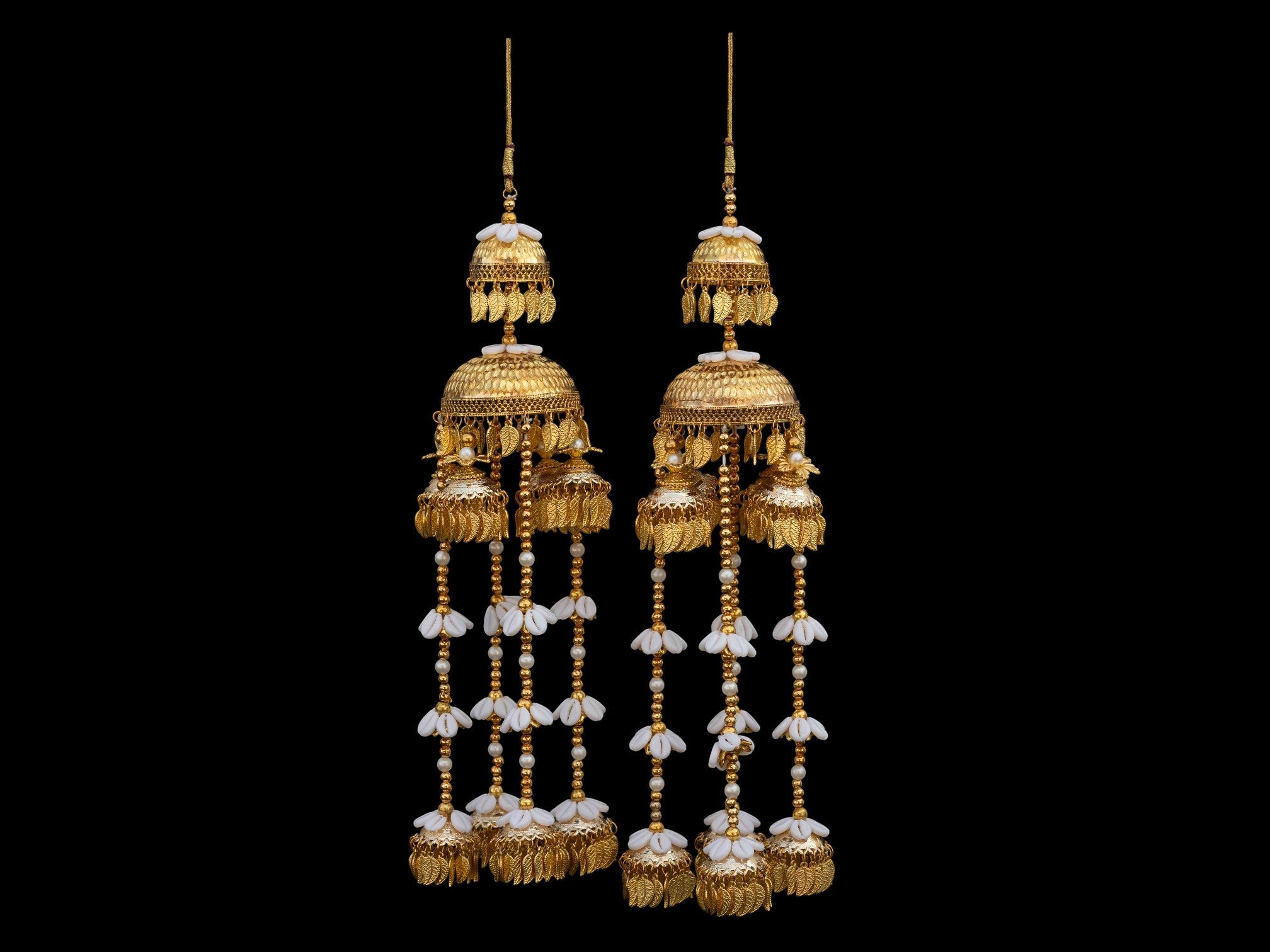 Regal Golden Bridal Kaleera with Pearl & Leaf Tassels