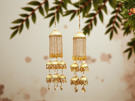 Grand Golden Bridal Kaleera with Multi-Layer Pearl Strands and Dome Charms