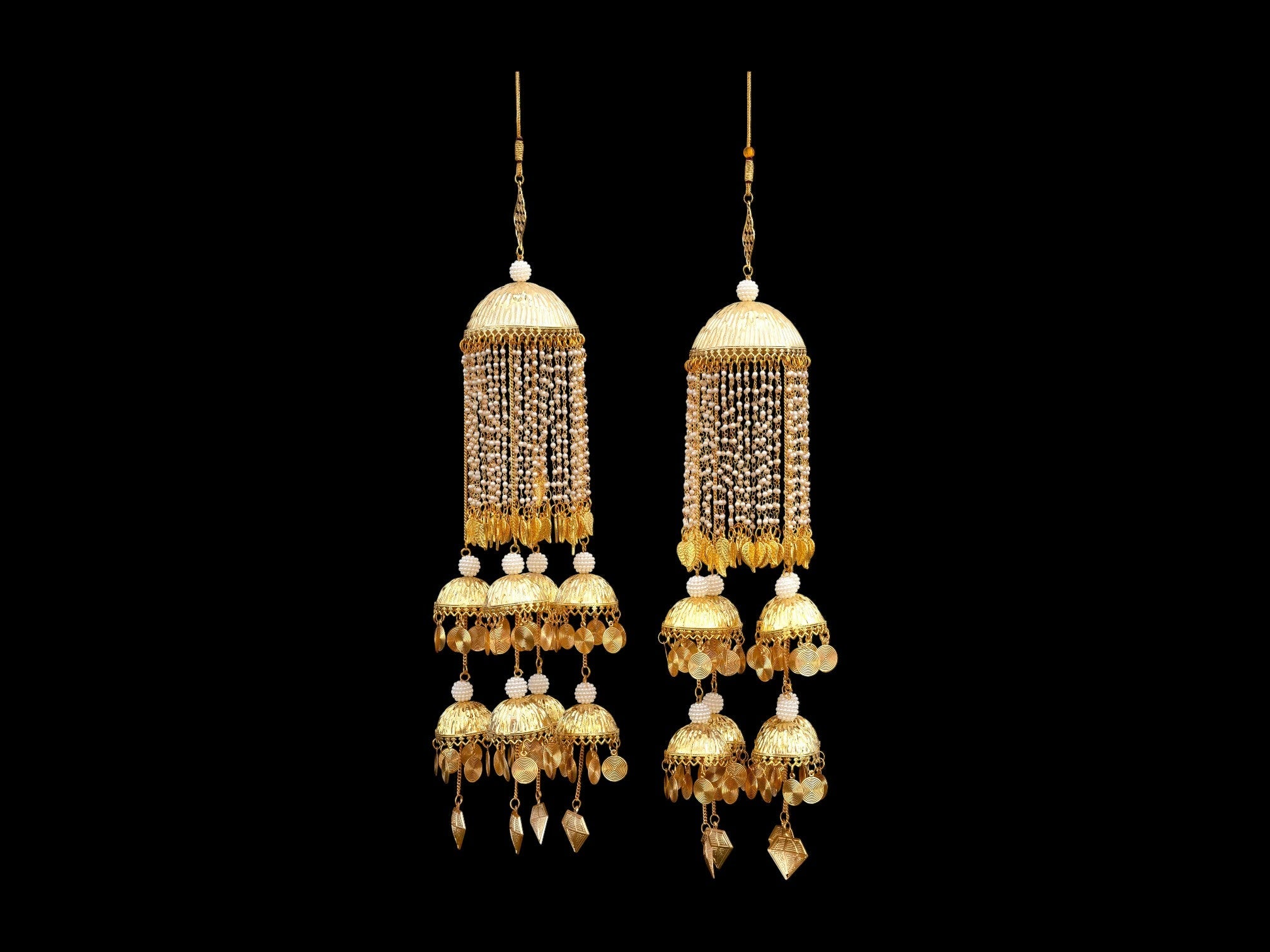 Grand Golden Bridal Kaleera with Multi-Layer Pearl Strands and Dome Charms