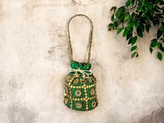 Royal Embroidered Potli Bag with Mirror Work and Braided Handle - Green - Image 1