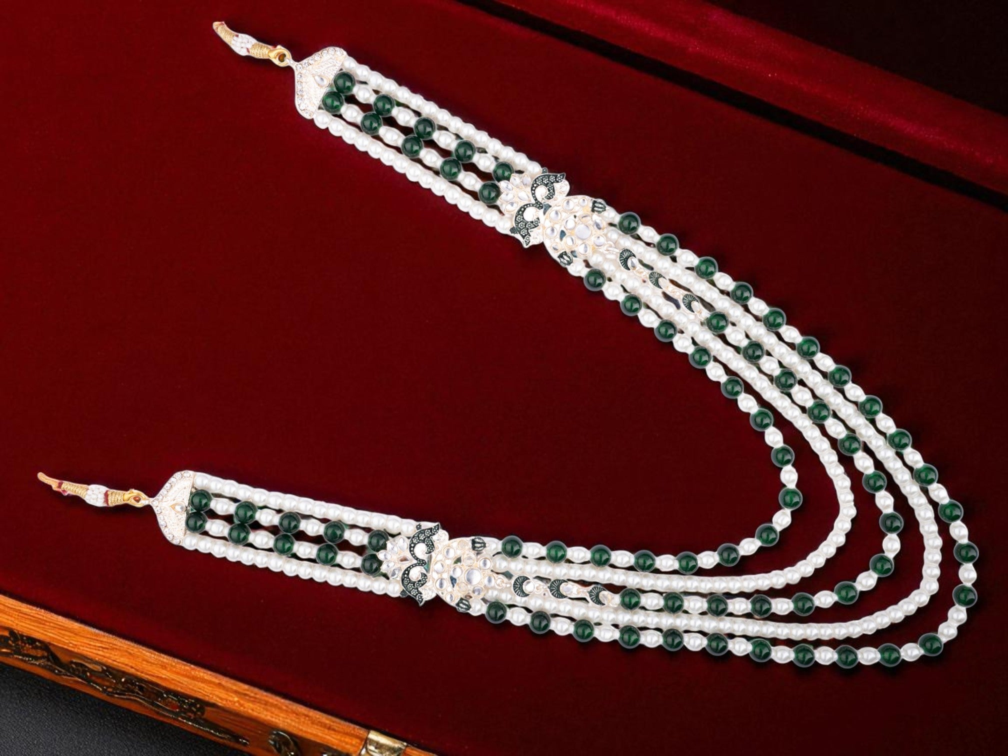 Royal Green Bead & Pearl Multi-Layer Groom Mala with Kundan Accents