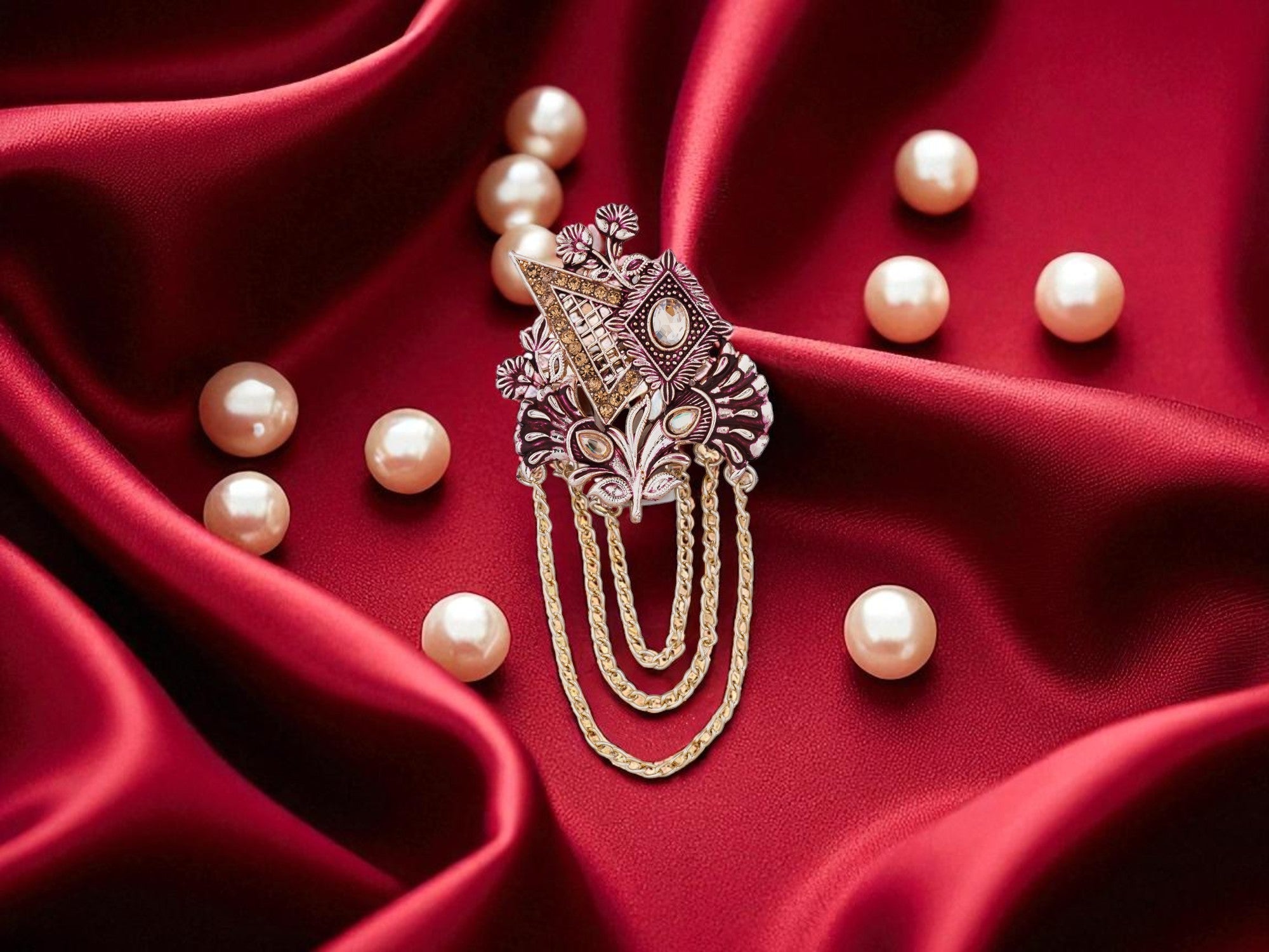 Royal Pearl & Kundan Groom's Brooch - Peach
