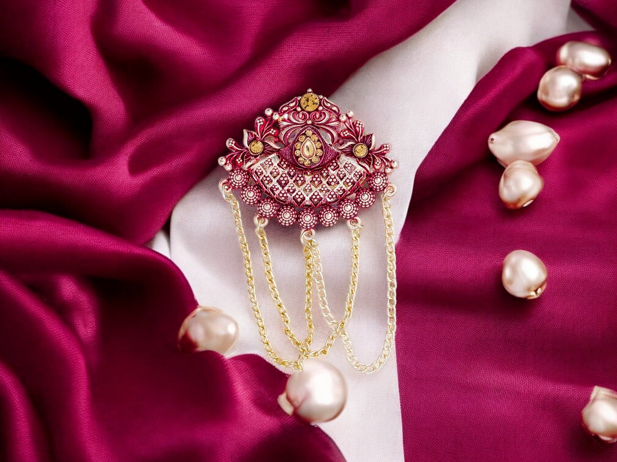 Royal Pearl & Kundan Groom's Brooch - Peach