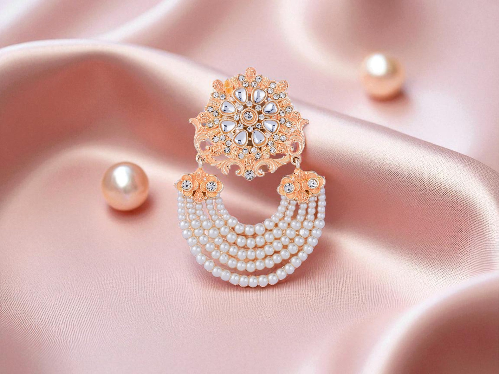 Royal Pearl & Kundan Groom's Brooch - Peach