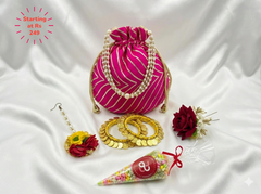 Vibrant Haldi & Mehendi Gift Hamper Set | Gota Potli Bag + Floral Maang Tikka + Gold Coin Bangles + Sweet Cone + Rose Hair Pin | Wedding Return Gift Combo