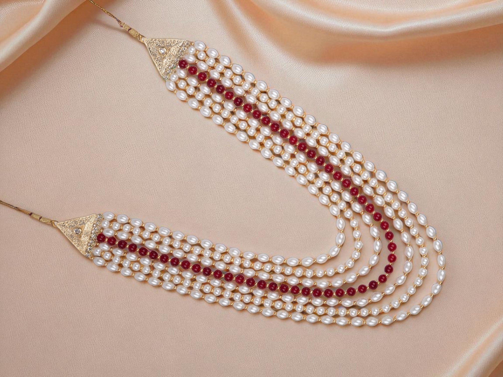 Shahee Multi-Layer Groom Mala with Pearls & Red Beads