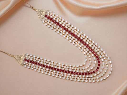 Shahee Multi-Layer Groom Mala with Pearls & Red Beads