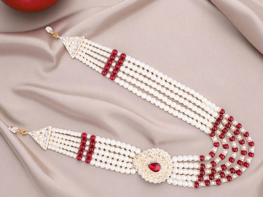 Subtle Pearl & Bead Groom’s Mala with Statement Pendant - Red