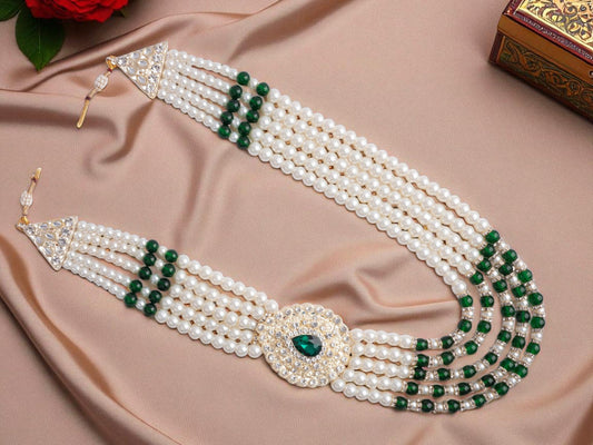 Subtle Pearl & Bead Groom’s Mala with Statement Pendant - Green