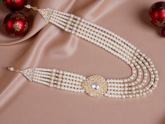 Subtle Pearl & Bead Groom’s Mala with Statement Pendant - White