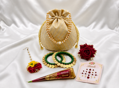 Vibrant Teej Gift Hamper Set | Gota Potli Bag + Floral Maang Tikka +Hanging Coin Bangles + Mehendi Cone + Rose Hair Pin +Bindi pack | Teej Gift Combo