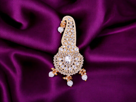 Traditional Groom kalgi with Kundan Work & Pearl Danglers - White