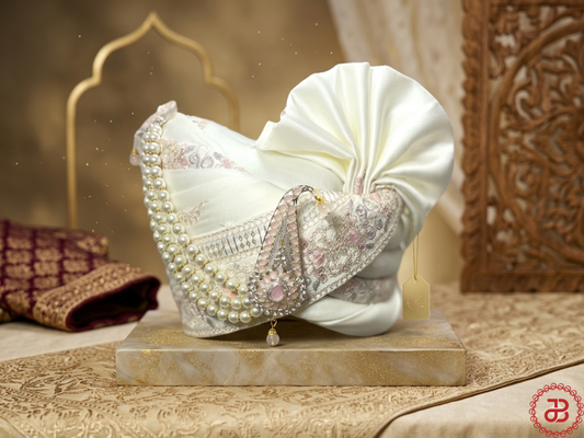 White with Pink Embroidered Groom Pagdi – Royal Safa with Stone Kal