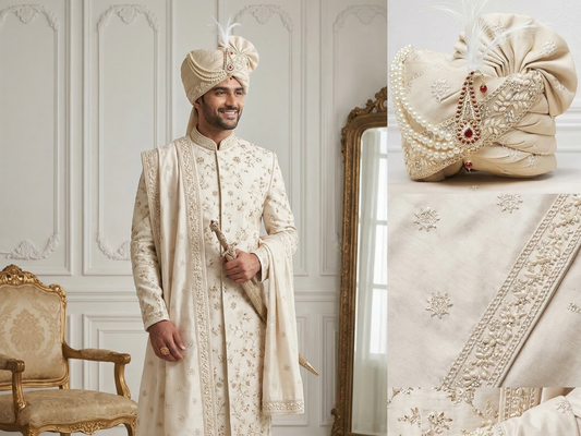Champagne Golden Groom’s Pagdi with Mirror Work Safa & Pearl Kalgi