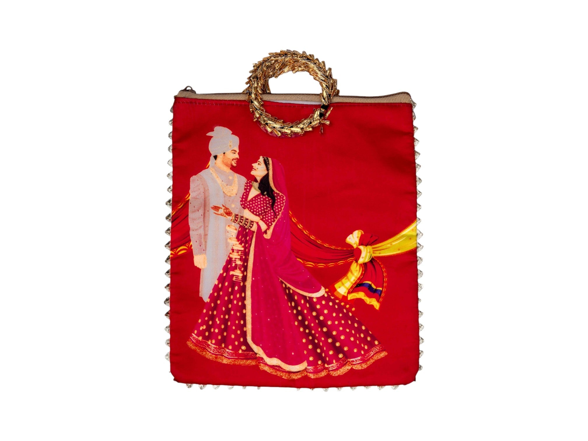 Vivah Themed Potli Bag with Designer Handle - Red - Image 2