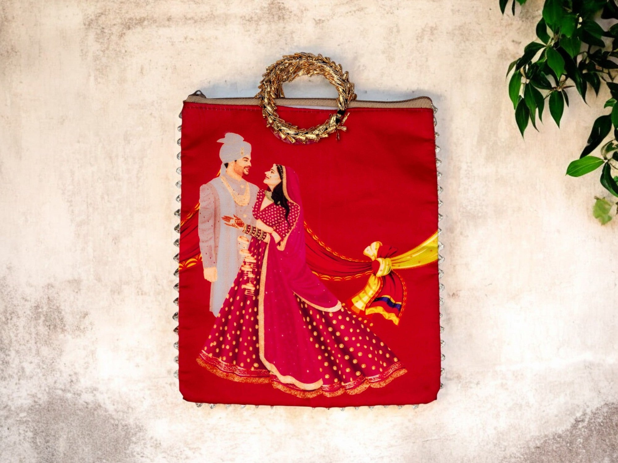 Vivah Themed Potli Bag with Designer Handle - Red - Image 1