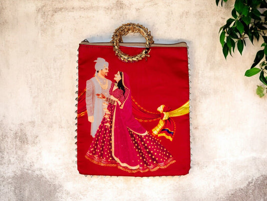 Vivah Themed Potli Bag with Designer Handle - Red - Image 1