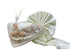 Hand-Tied Timeless peach pastel Groom Pagdi with Embroidered Safa and Pearl Kalgi