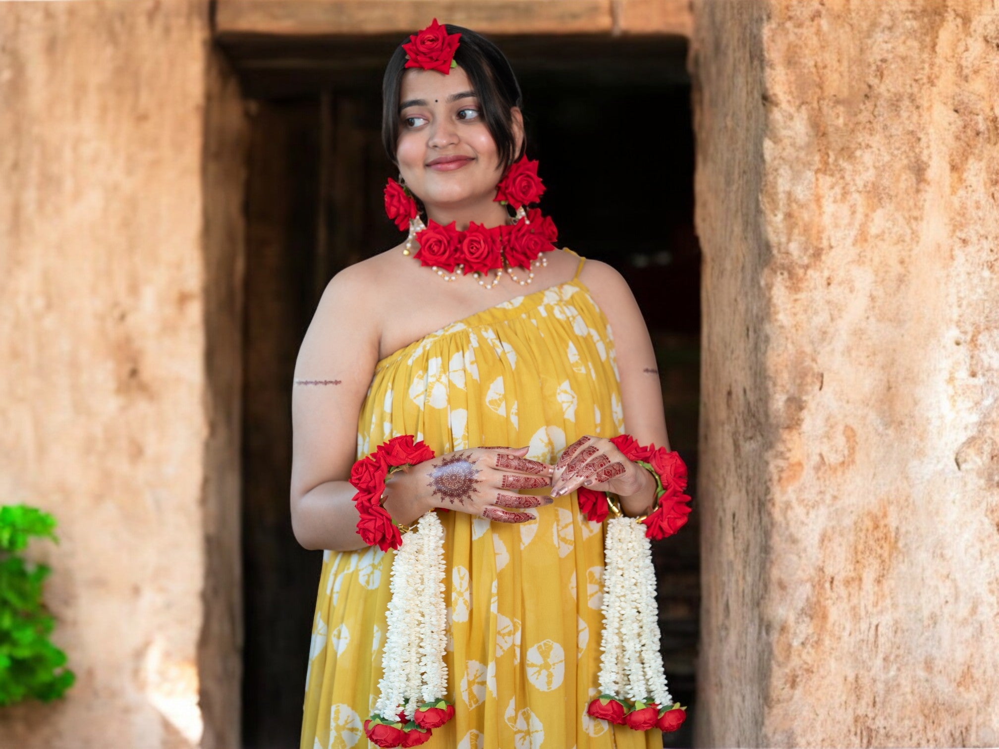 White-Red Rose Floral Jewellery Set