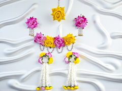 Pink-Yellow Rose Floral Jewellery Set