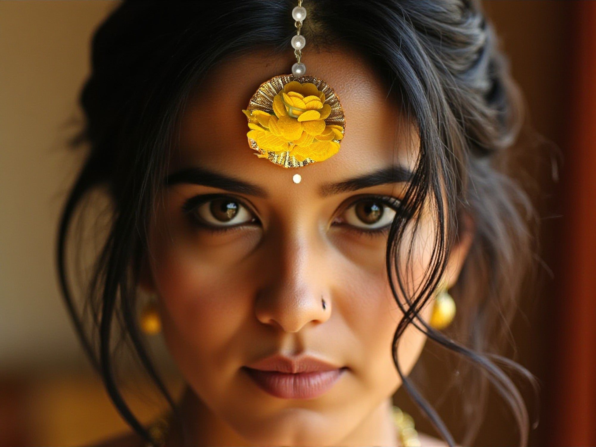 Yellow Floral Maangtika with Pearls