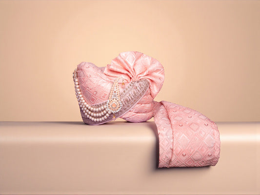 Regal Peach-Pink Groom’s Pagdi with Embroidered Safa & Pearl Kalgi