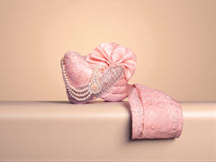 Regal Peach-Pink Groom’s Pagdi with Embroidered Safa & Pearl Kalgi