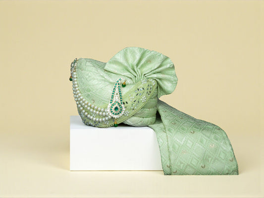 Mint Green Embroidered Groom’s Pagdi with Matching Safa & Pearl Kalgi