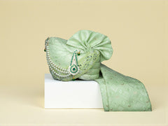 Mint Green Embroidered Groom’s Pagdi with Matching Safa & Pearl Kalgi