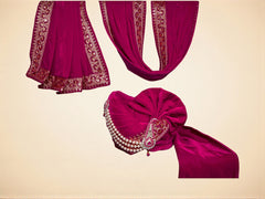 Majestic Rani Pink Velvet Groom’s Pagdi with Embroidered Safa & Pearl Kalgi