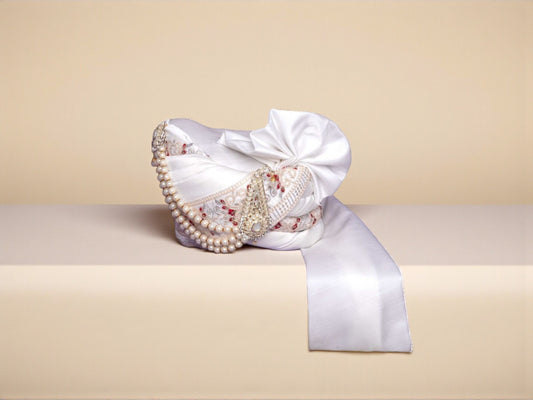 White Groom’s Pagdi with Embroidered Safa & Pearl Kalgi