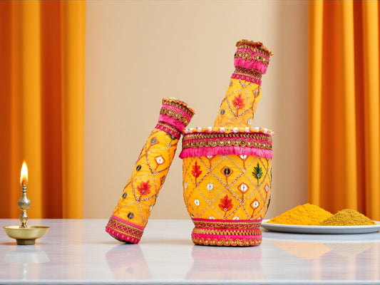 Zardozi Embroidered Okhal Musal - Yellow